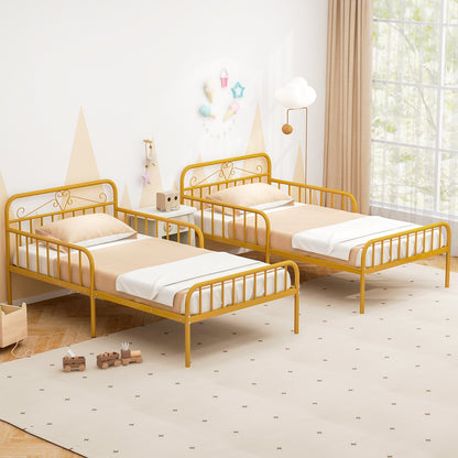 Twin Size Bed Frame with Headboard and Safety Side Guardrails-Gold