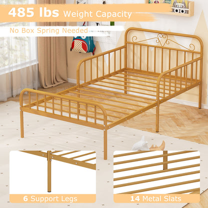 Twin Size Bed Frame with Headboard and Safety Side Guardrails-Gold