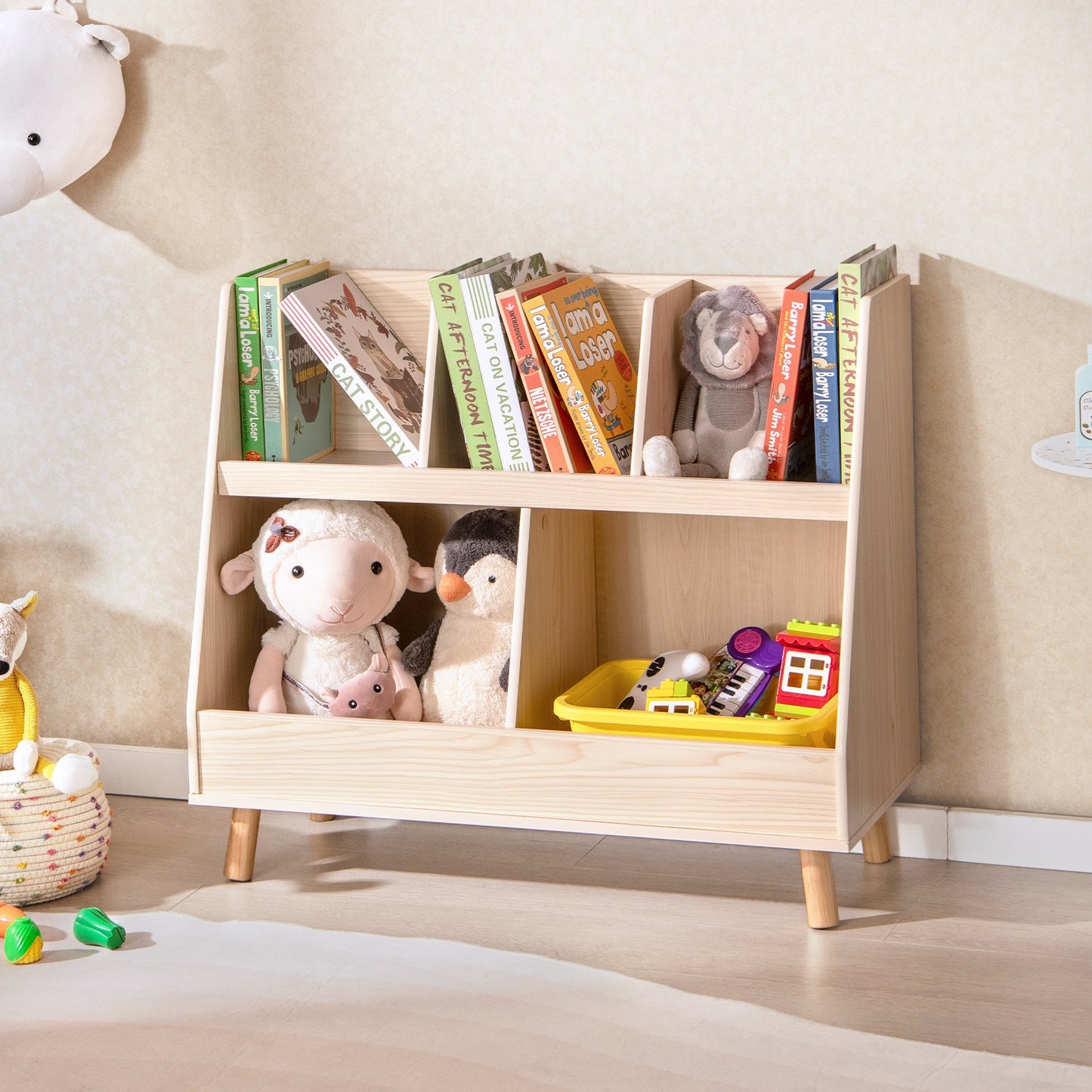 5-Cube Kids Bookshelf and Toy Organizer with Anti-Tipping Kits-Oak Kids Crystal