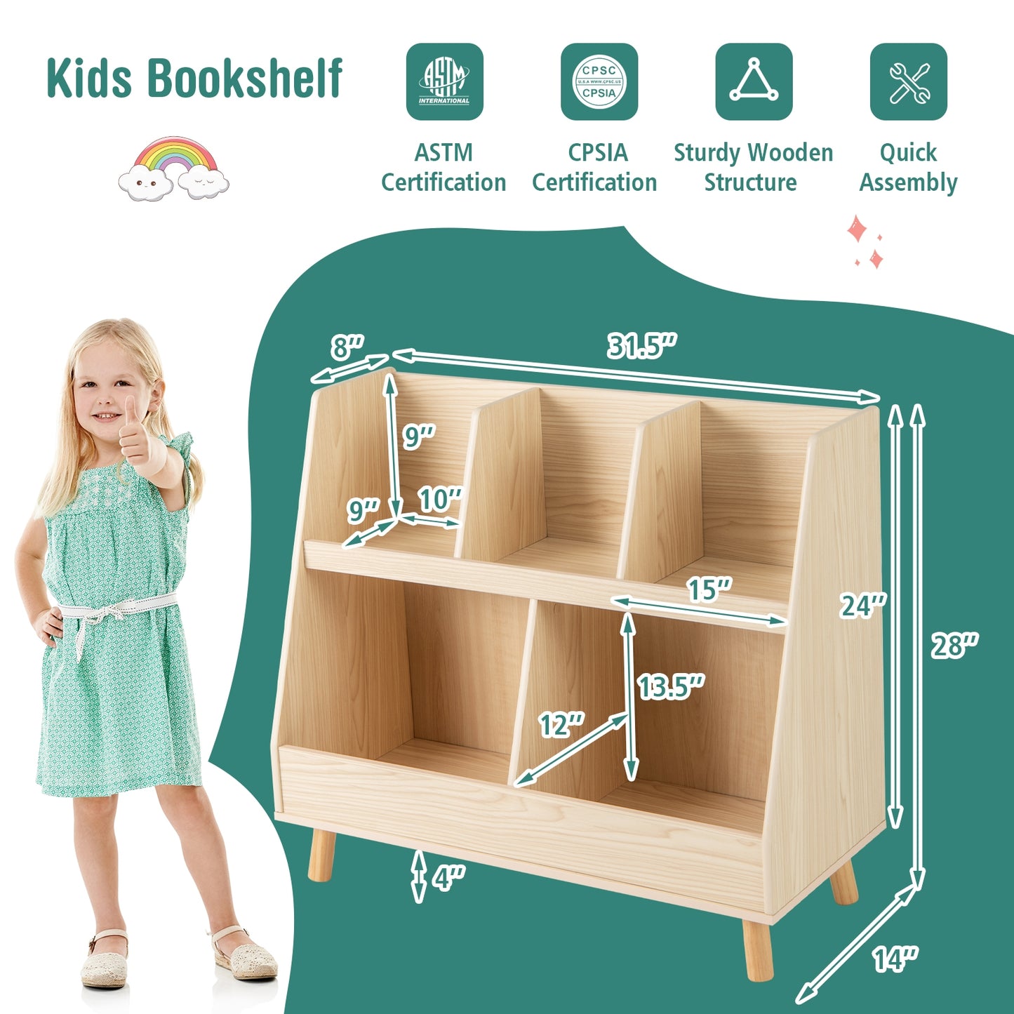 5-Cube Kids Bookshelf and Toy Organizer with Anti-Tipping Kits-Oak Kids Crystal