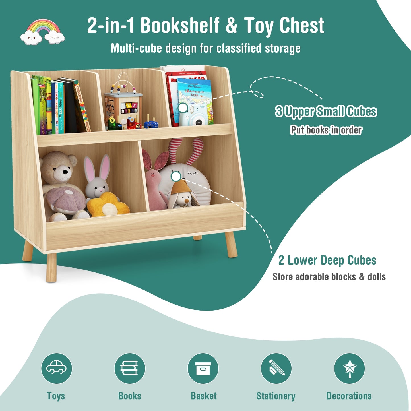 5-Cube Kids Bookshelf and Toy Organizer with Anti-Tipping Kits-Oak Kids Crystal