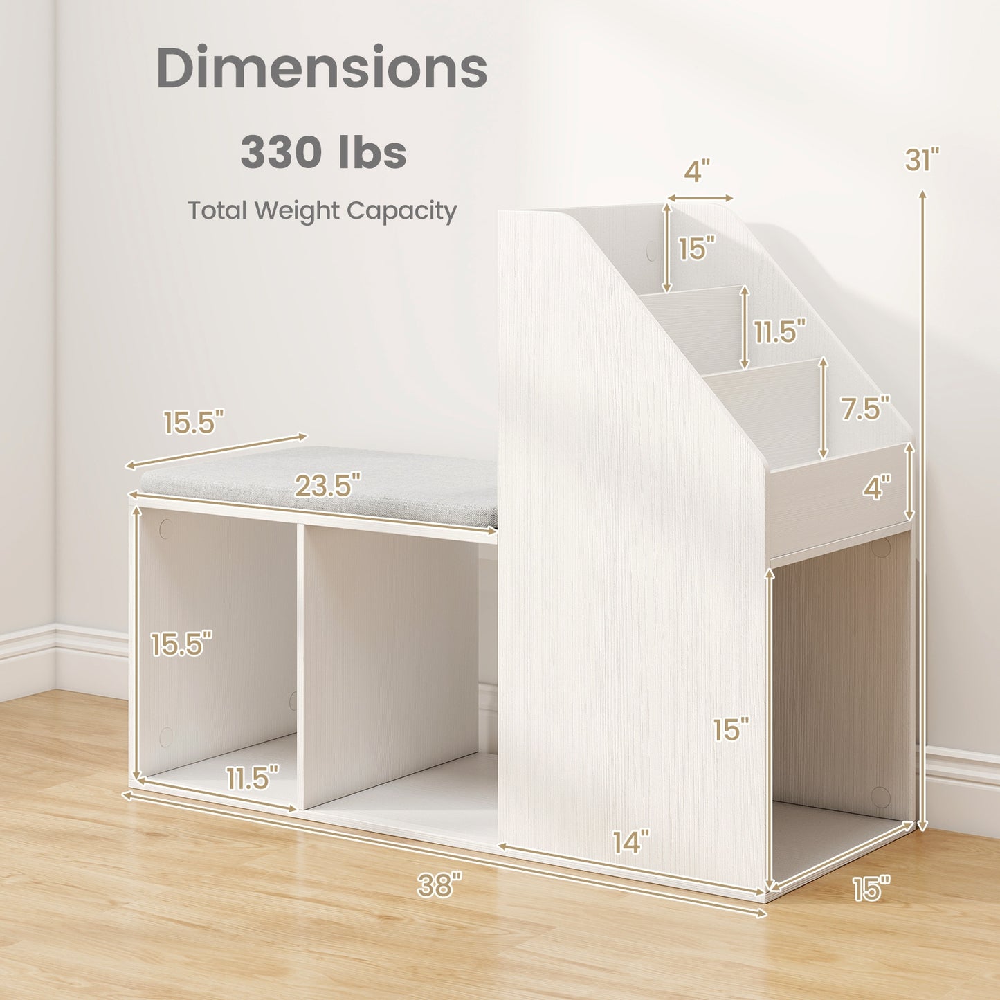 Shoe Storage Bench with Removable Seat Cushion and 6 Storage Compartments-White Kids Crystal