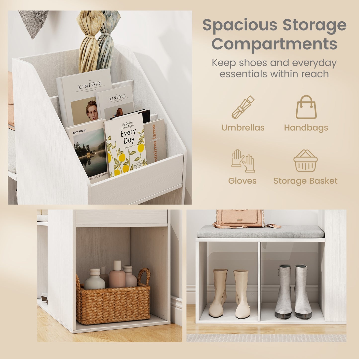 Shoe Storage Bench with Removable Seat Cushion and 6 Storage Compartments-White Kids Crystal
