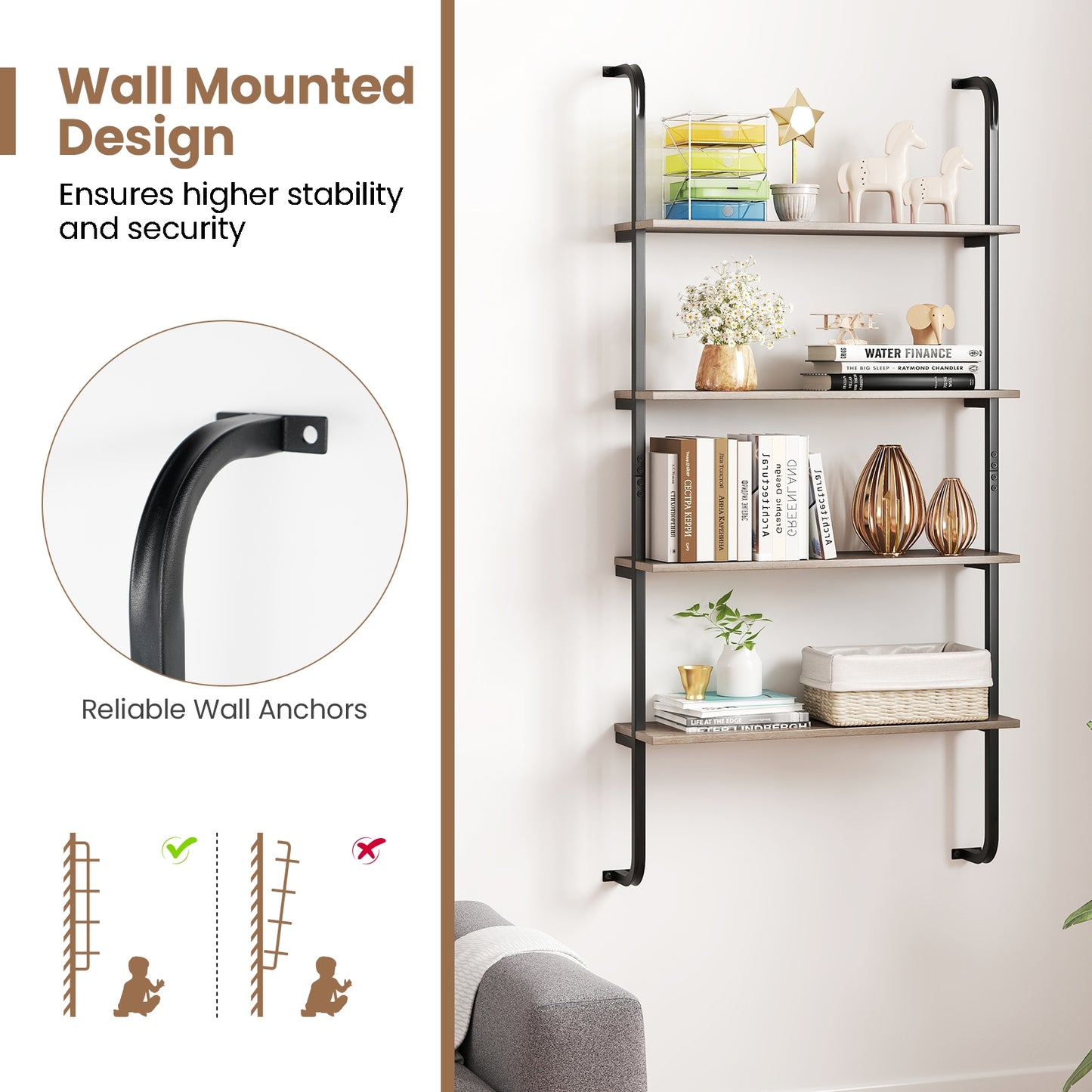 4-Tier Industrial Pipe Shelving with Metal Frame for Living Room Kitchen-Oak Kids Crystal