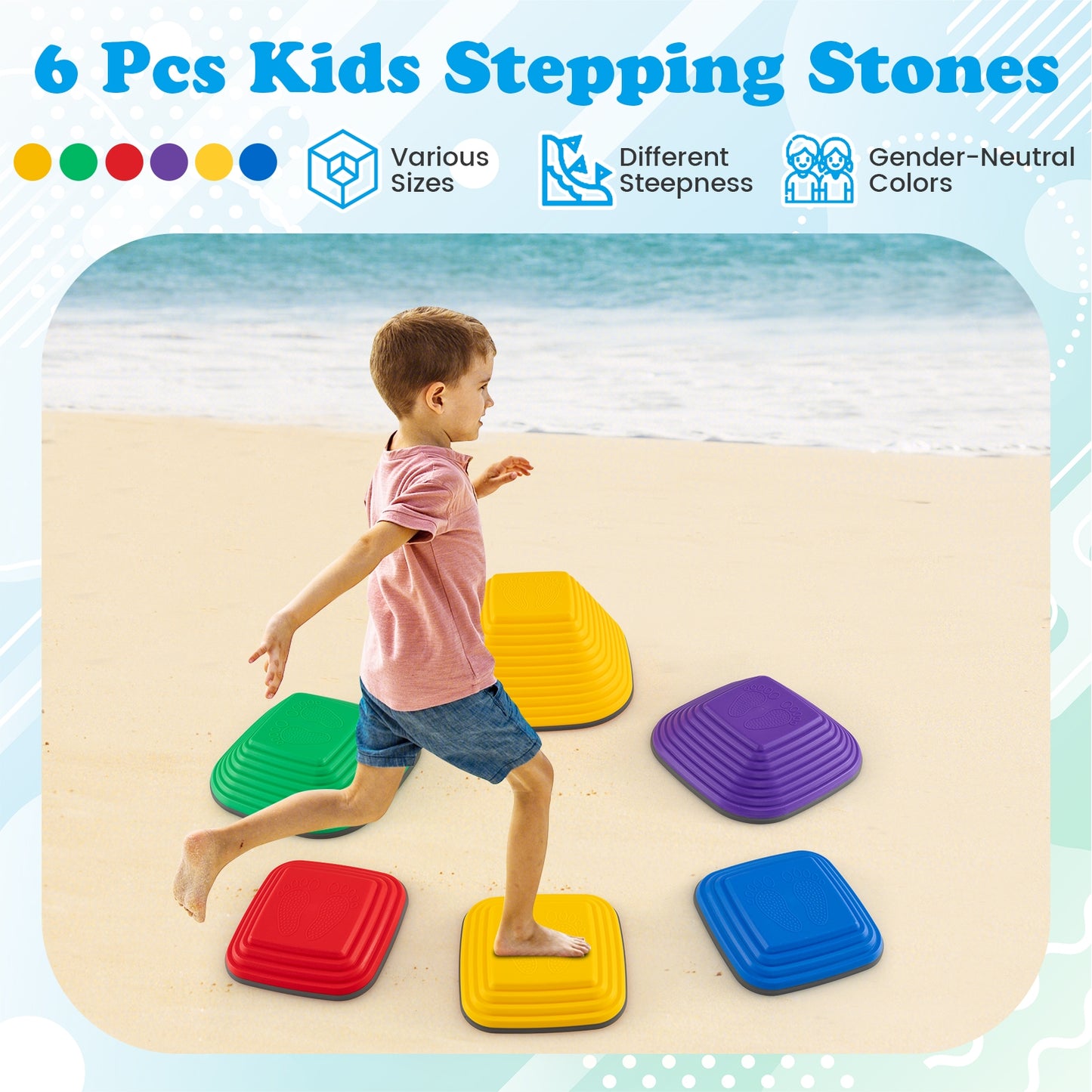 6 Pieces Kids Stepping Stone Square Balance Blocks Indoor Outdoor-Multicolor Kids Crystal