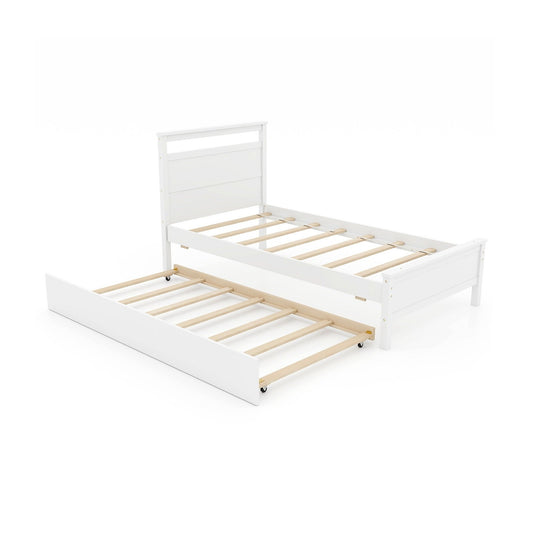 Twin Size Wooden Bed Frame with Trundle for Teens and Adults-White Kids Crystal