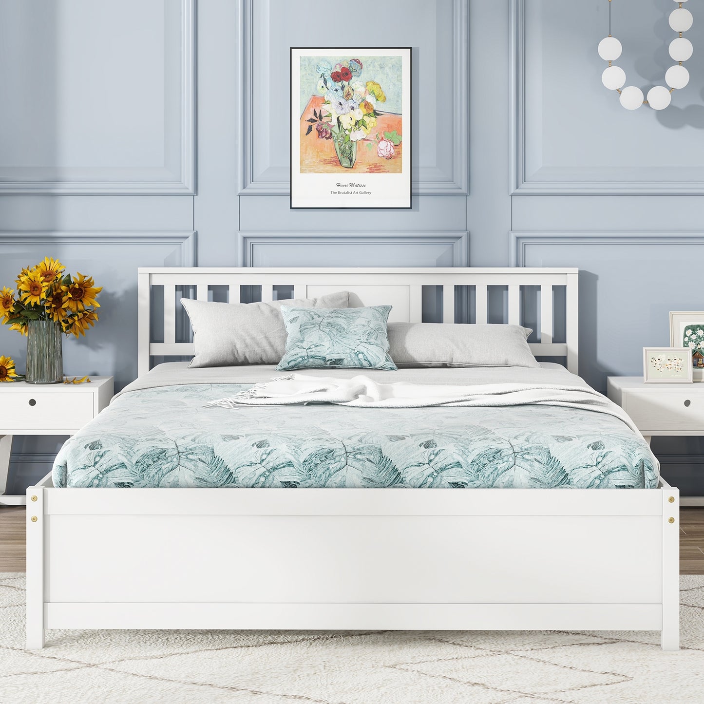Wooden Platform Bed with Headboard and Wood Slat Support White-Queen Size Kids Crystal