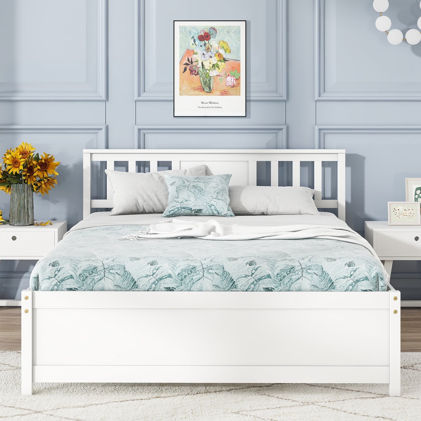 Wooden Platform Bed with Headboard and Wood Slat Support White-Full Size Kids Crystal