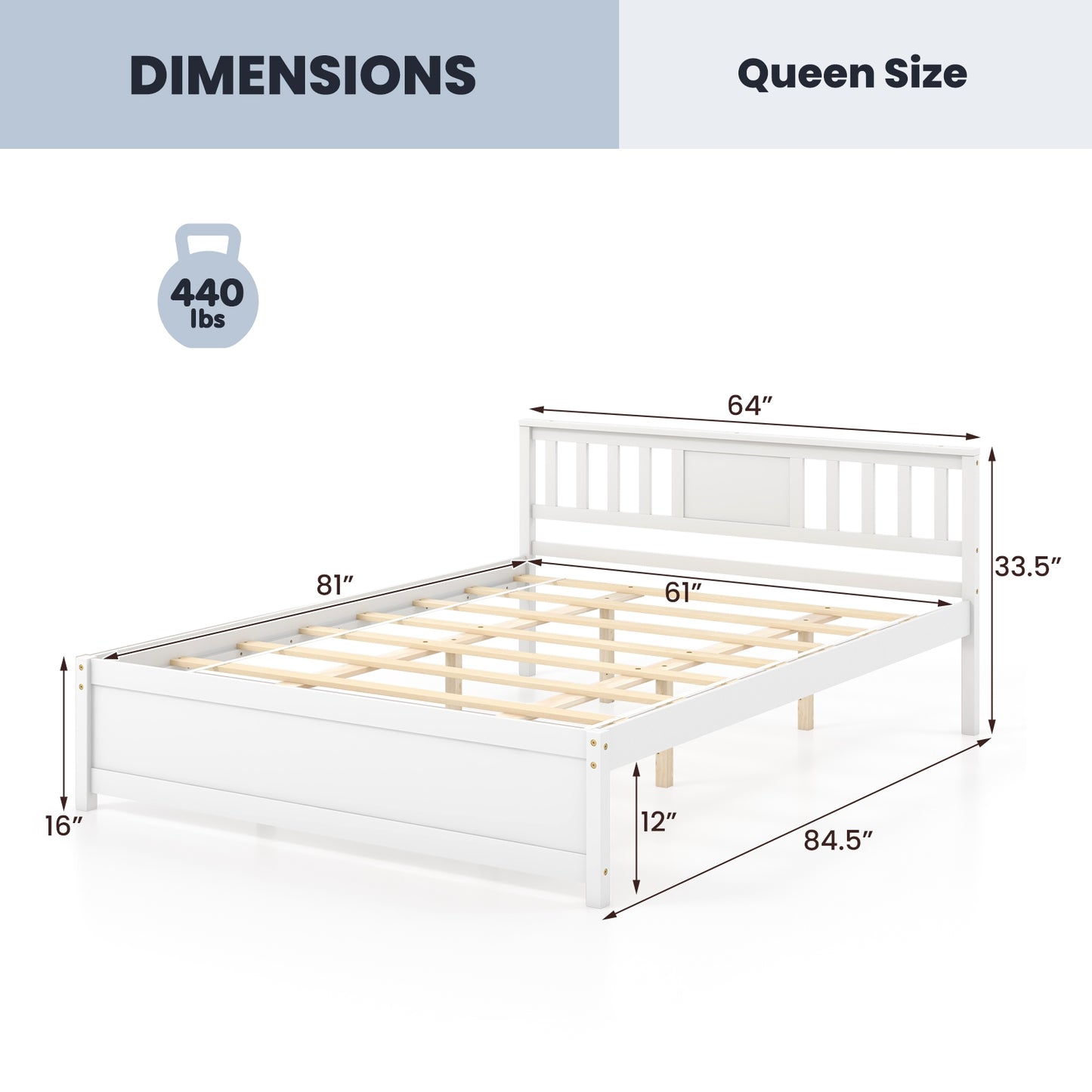 Wooden Platform Bed with Headboard and Wood Slat Support White-Queen Size Kids Crystal