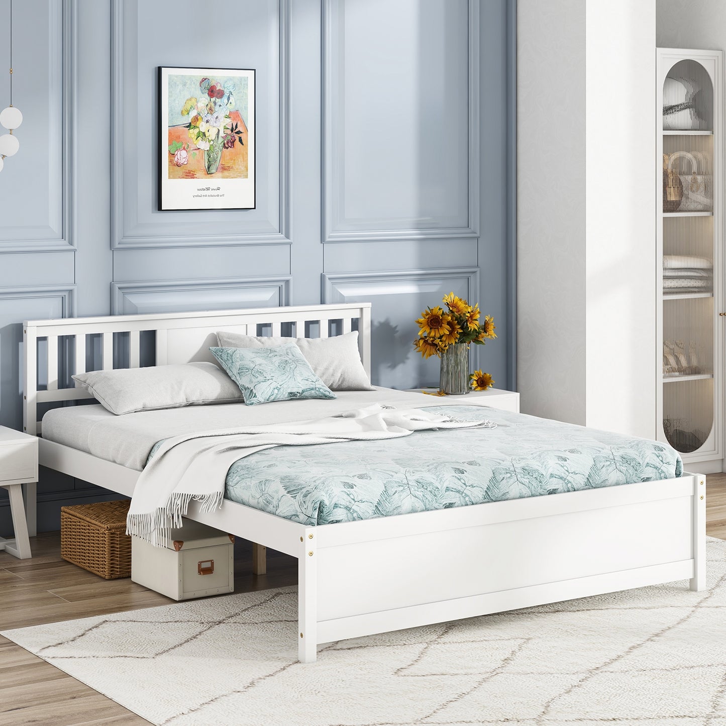 Wooden Platform Bed with Headboard and Wood Slat Support White-Queen Size Kids Crystal