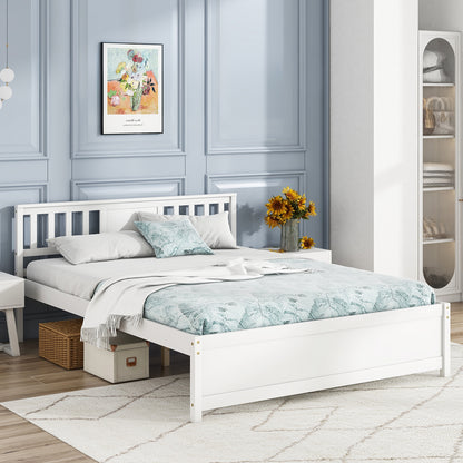 Wooden Platform Bed with Headboard and Wood Slat Support White-Queen Size
