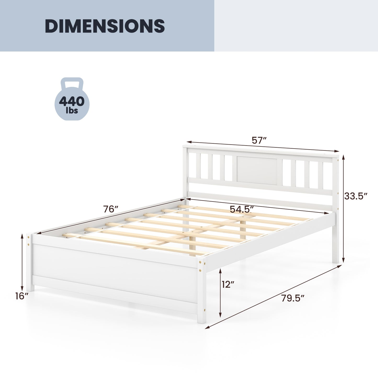 Wooden Platform Bed with Headboard and Wood Slat Support White-Full Size Kids Crystal