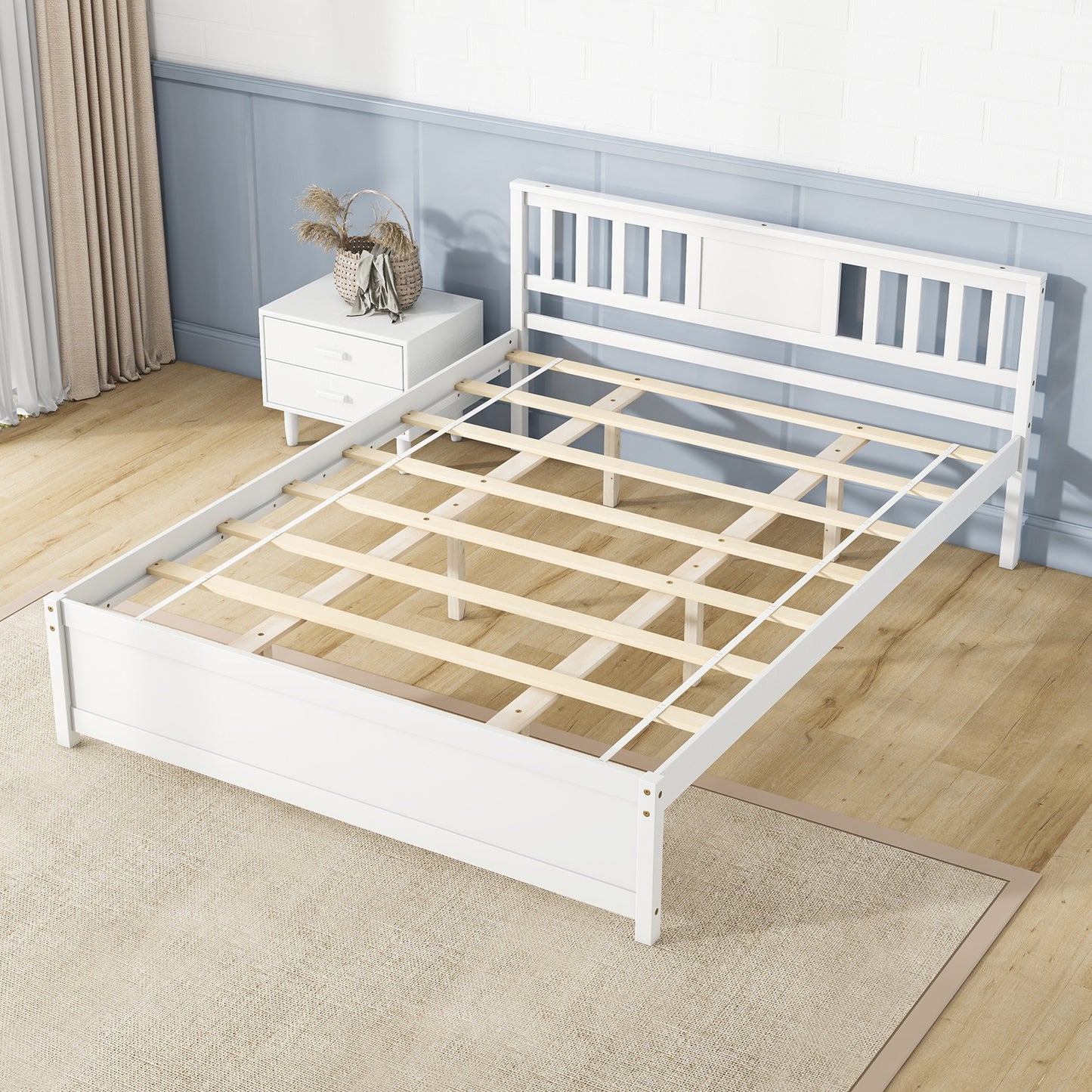 Wooden Platform Bed with Headboard and Wood Slat Support White-Queen Size Kids Crystal
