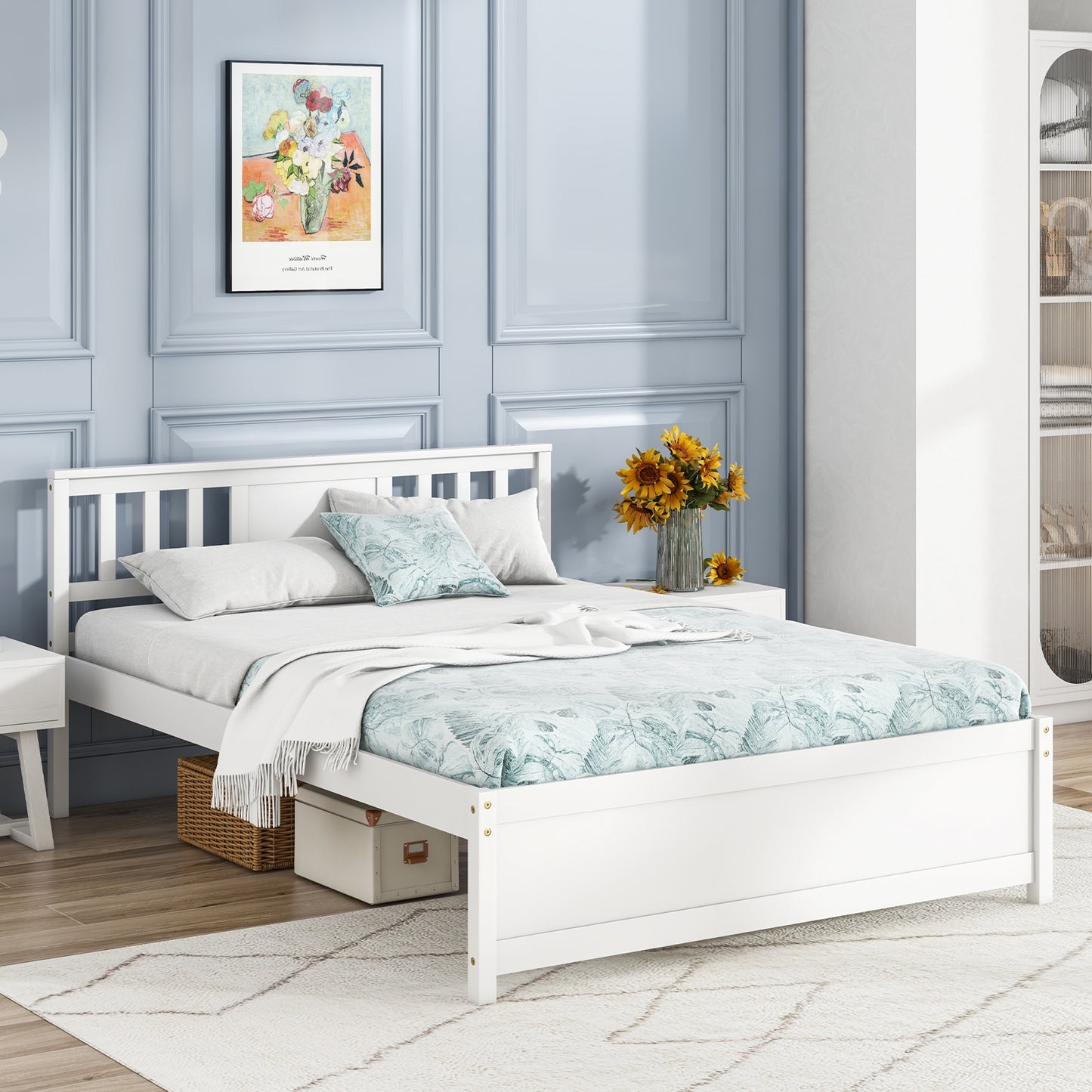 Wooden Platform Bed with Headboard and Wood Slat Support White-Full Size Kids Crystal
