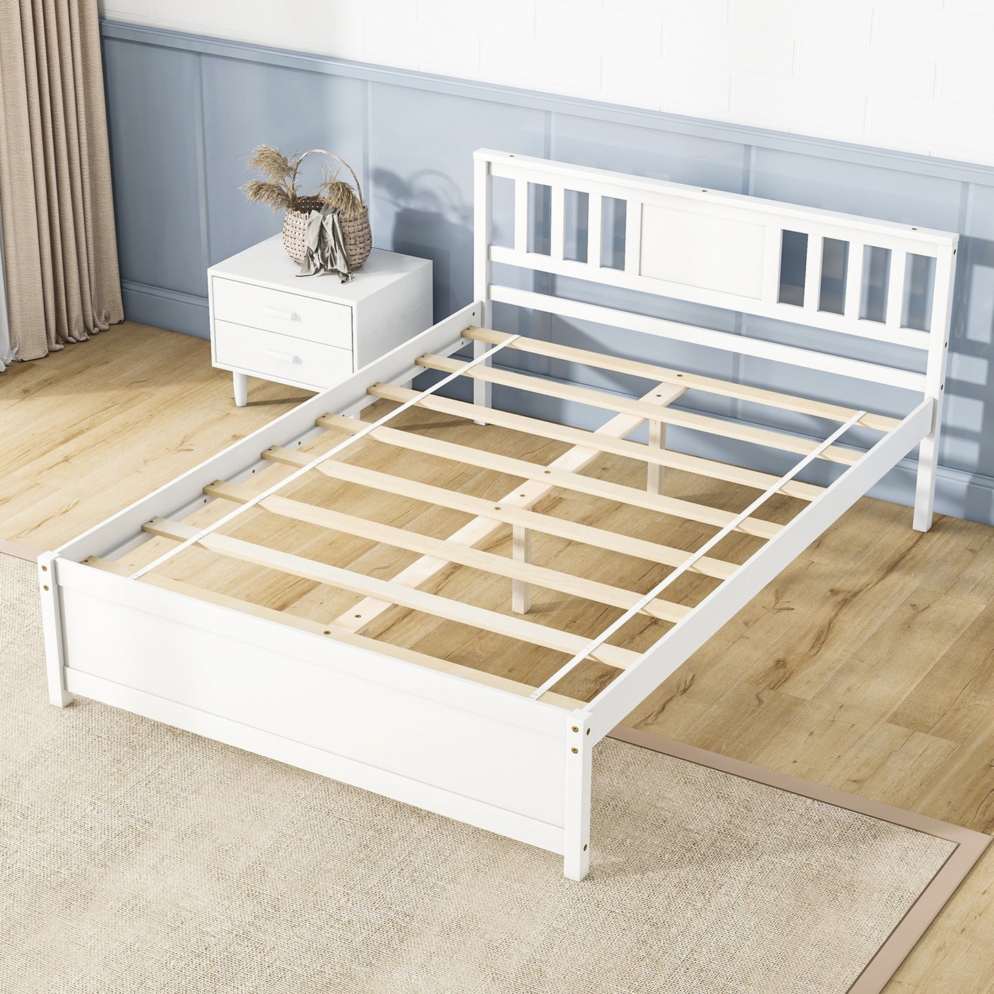 Wooden Platform Bed with Headboard and Wood Slat Support White-Full Size Kids Crystal