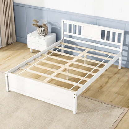 Wooden Platform Bed with Headboard and Wood Slat Support White-Full Size