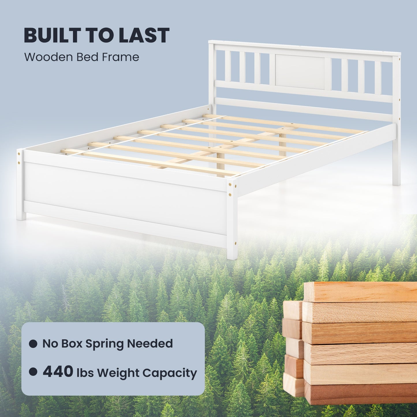 Wooden Platform Bed with Headboard and Wood Slat Support White-Full Size Kids Crystal