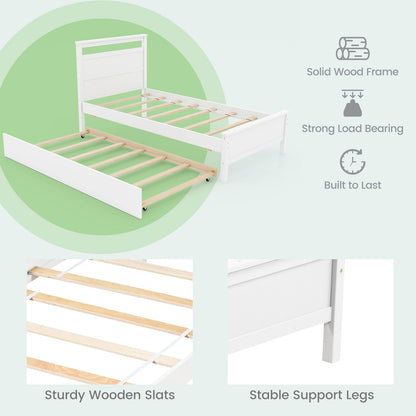 Twin Size Wooden Bed Frame with Trundle for Teens and Adults-White