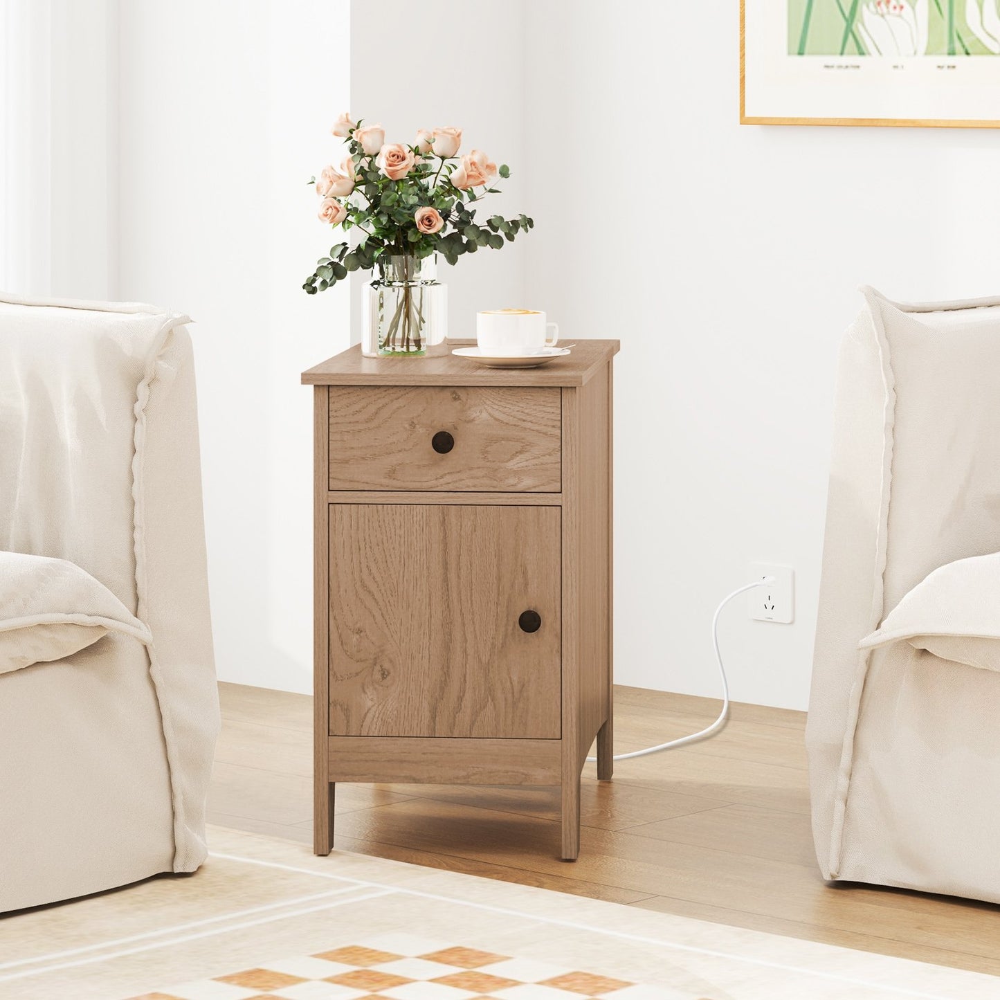 Flip Top End Table with Charging Station USB Ports Outlets and Drawer-Natural Kids Crystal