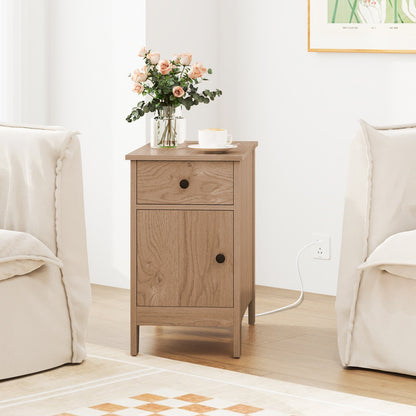 Flip Top End Table with Charging Station USB Ports Outlets and Drawer-Natural