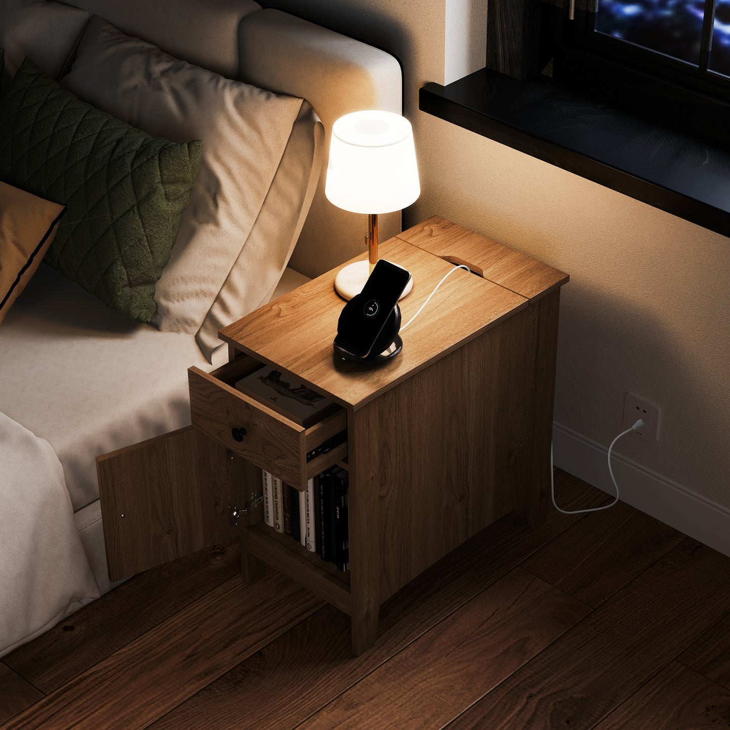 Flip Top End Table with Charging Station USB Ports Outlets and Drawer-Natural Kids Crystal