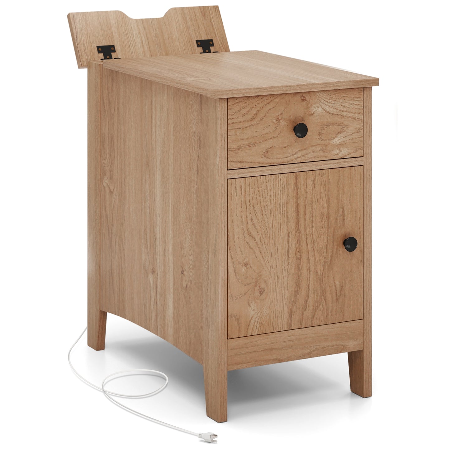 Flip Top End Table with Charging Station USB Ports Outlets and Drawer-Natural Kids Crystal