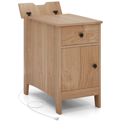 Flip Top End Table with Charging Station USB Ports Outlets and Drawer-Natural
