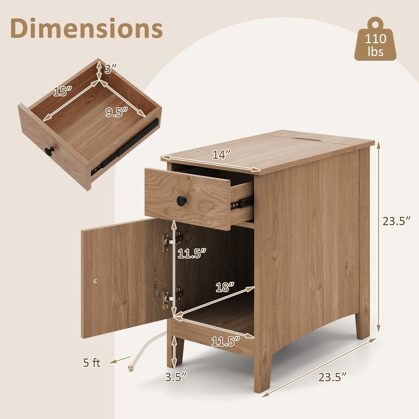 Flip Top End Table with Charging Station USB Ports Outlets and Drawer-Natural Kids Crystal