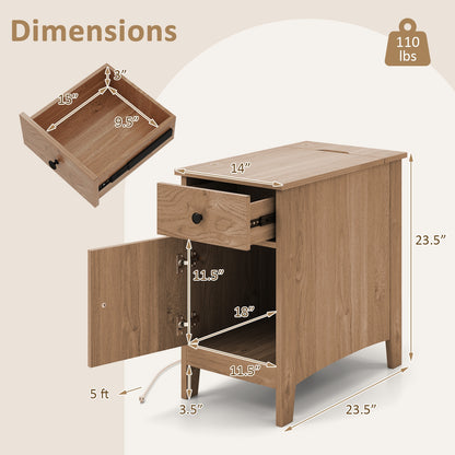 Flip Top End Table with Charging Station USB Ports Outlets and Drawer-Natural