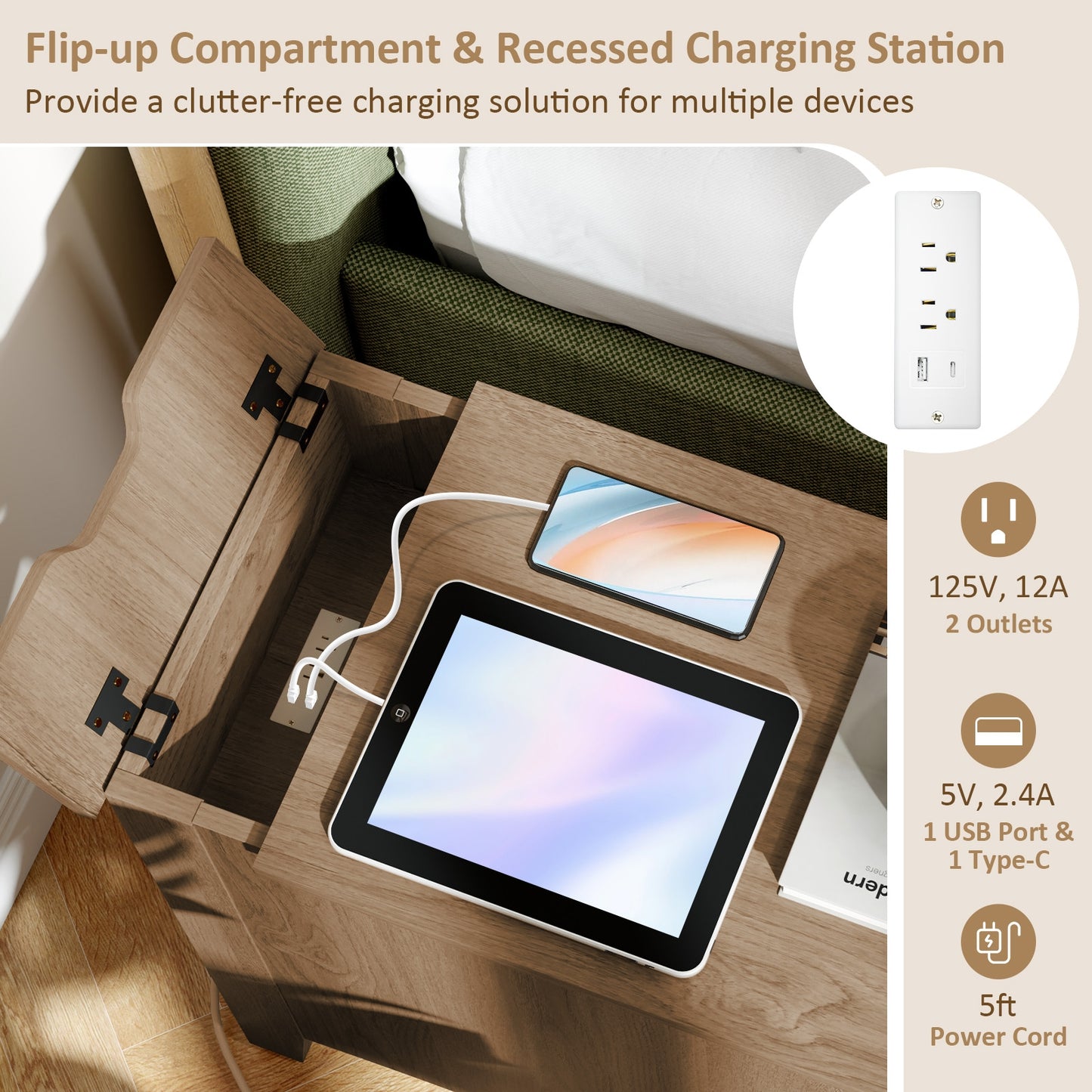 Flip Top End Table with Charging Station USB Ports Outlets and Drawer-Natural Kids Crystal