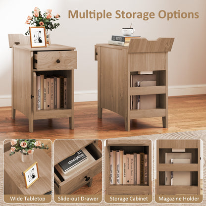 Flip Top End Table with Charging Station USB Ports Outlets and Drawer-Natural