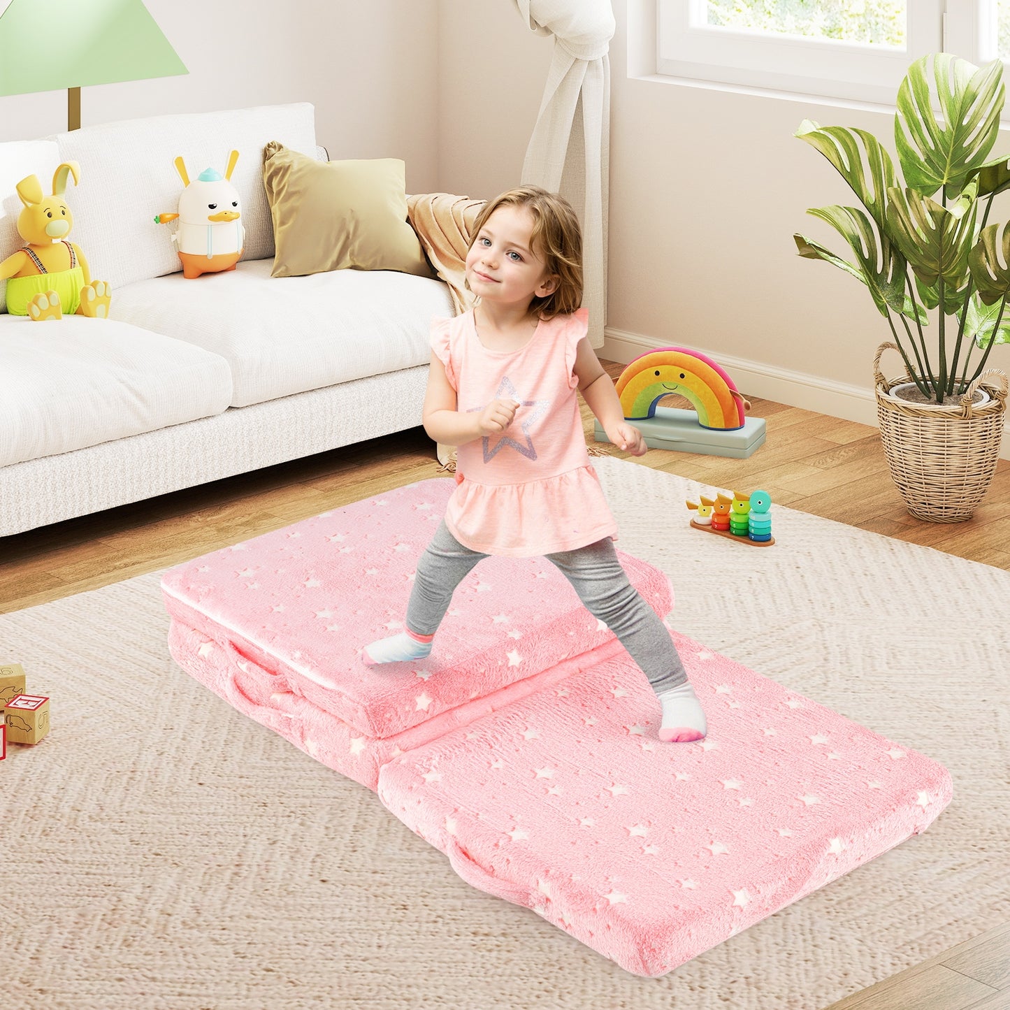 Foldable Floor Mattress for Kids with Washable Flannel Cover-Pink Kids Crystal