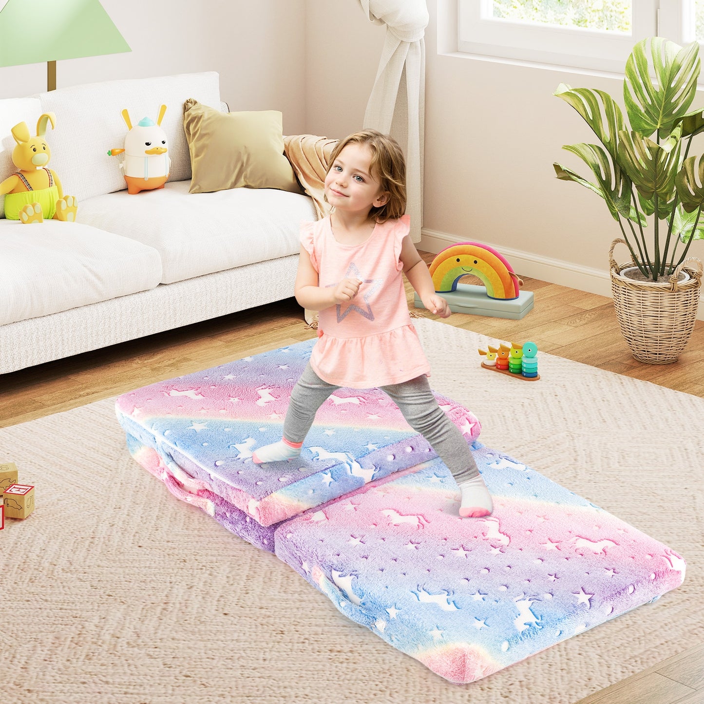 Foldable Floor Mattress for Kids with Washable Flannel Cover-Multicolor Kids Crystal