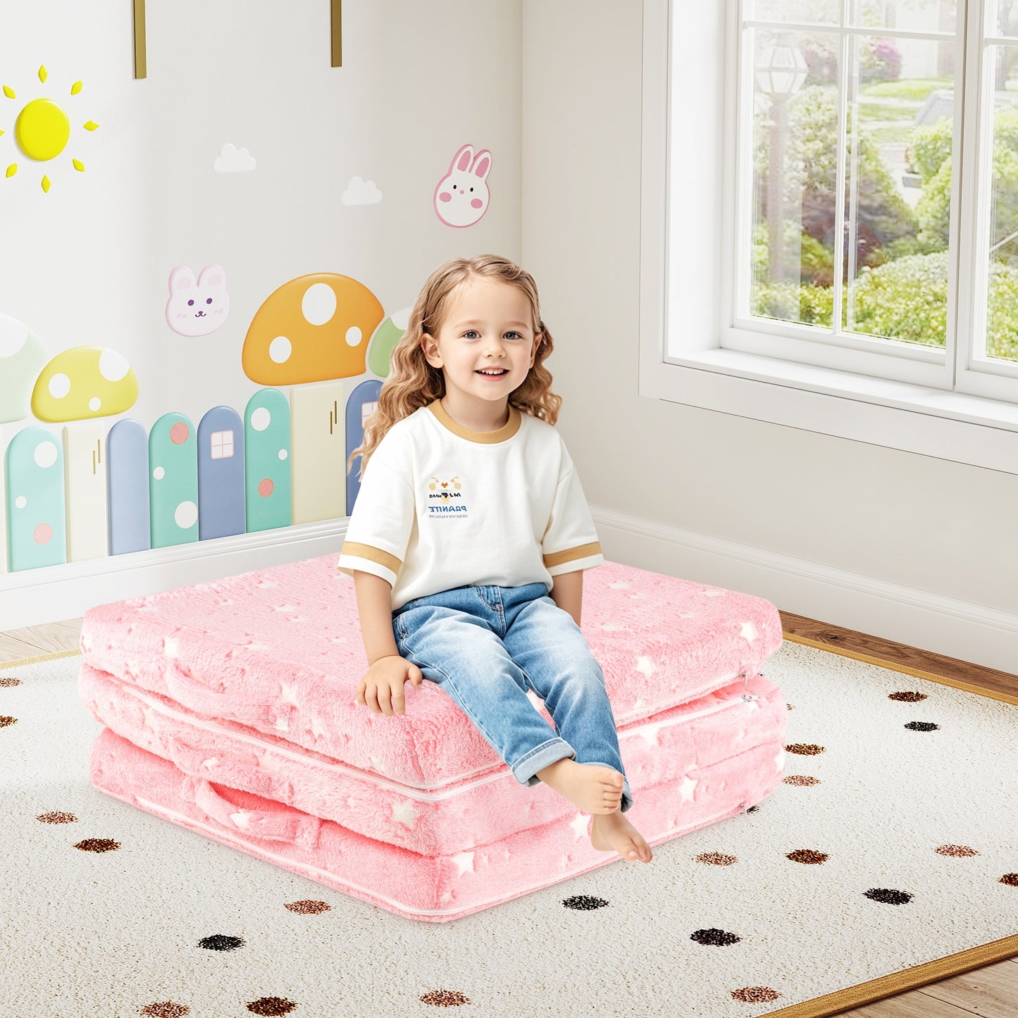 Foldable Floor Mattress for Kids with Washable Flannel Cover-Pink Kids Crystal