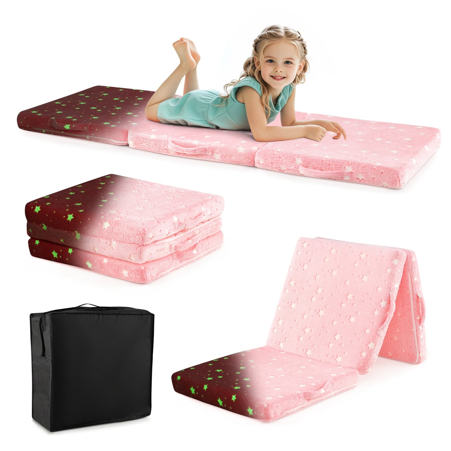 Foldable Floor Mattress for Kids with Washable Flannel Cover-Pink Kids Crystal