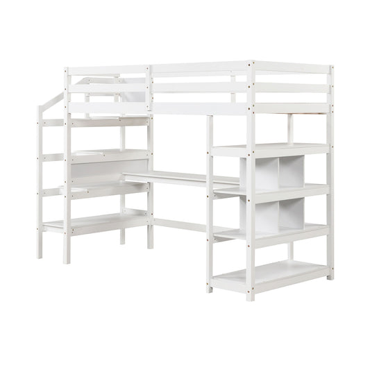 Twin Size Loft Bed with Desk and Storage Stairs Loft Bed Frame with Shelves and Safety Guardrails-White Kids Crystal