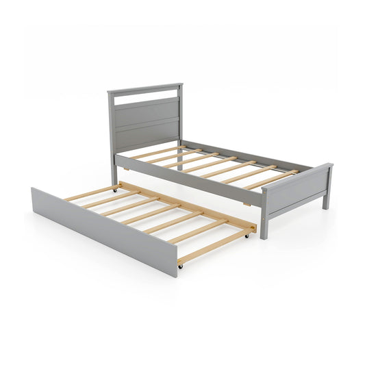 Twin Size Wooden Bed Frame with Trundle for Teens and Adults-Gray Kids Crystal