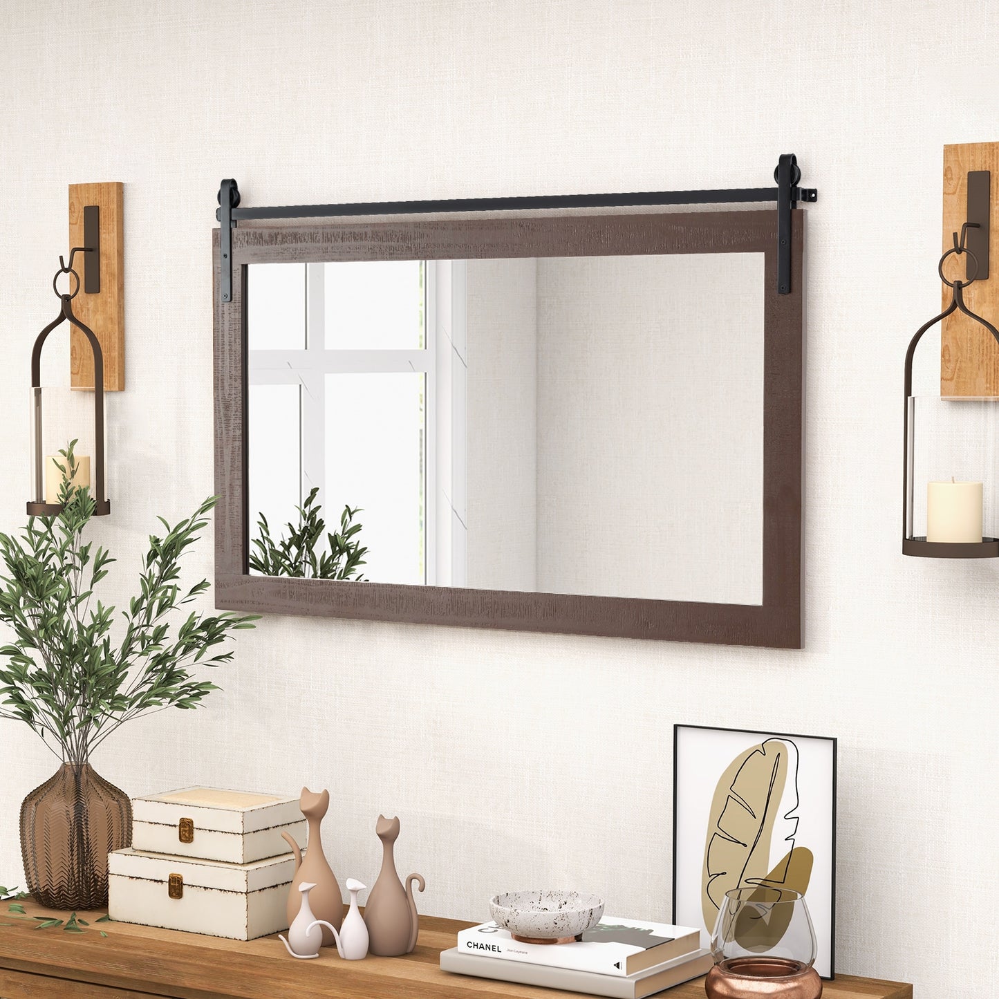 Rectangle Barn Door Style Wall Mounted Mirror with Solid Wood Frame-Walnut Kids Crystal
