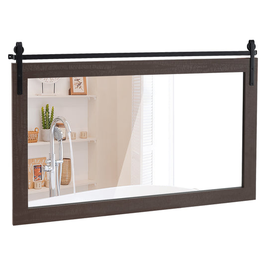 Rectangle Barn Door Style Wall Mounted Mirror with Solid Wood Frame-Walnut Kids Crystal