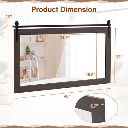 Rectangle Barn Door Style Wall Mounted Mirror with Solid Wood Frame-Walnut