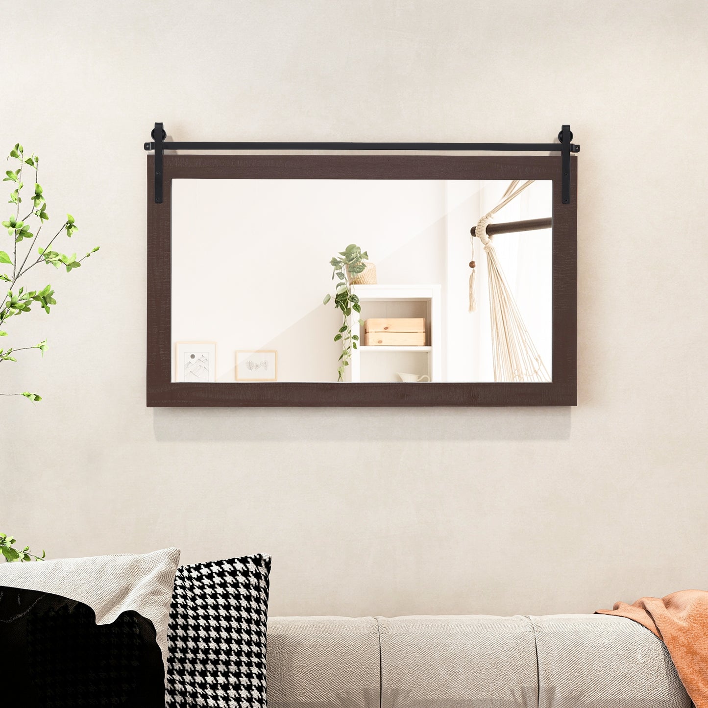 Rectangle Barn Door Style Wall Mounted Mirror with Solid Wood Frame-Walnut Kids Crystal