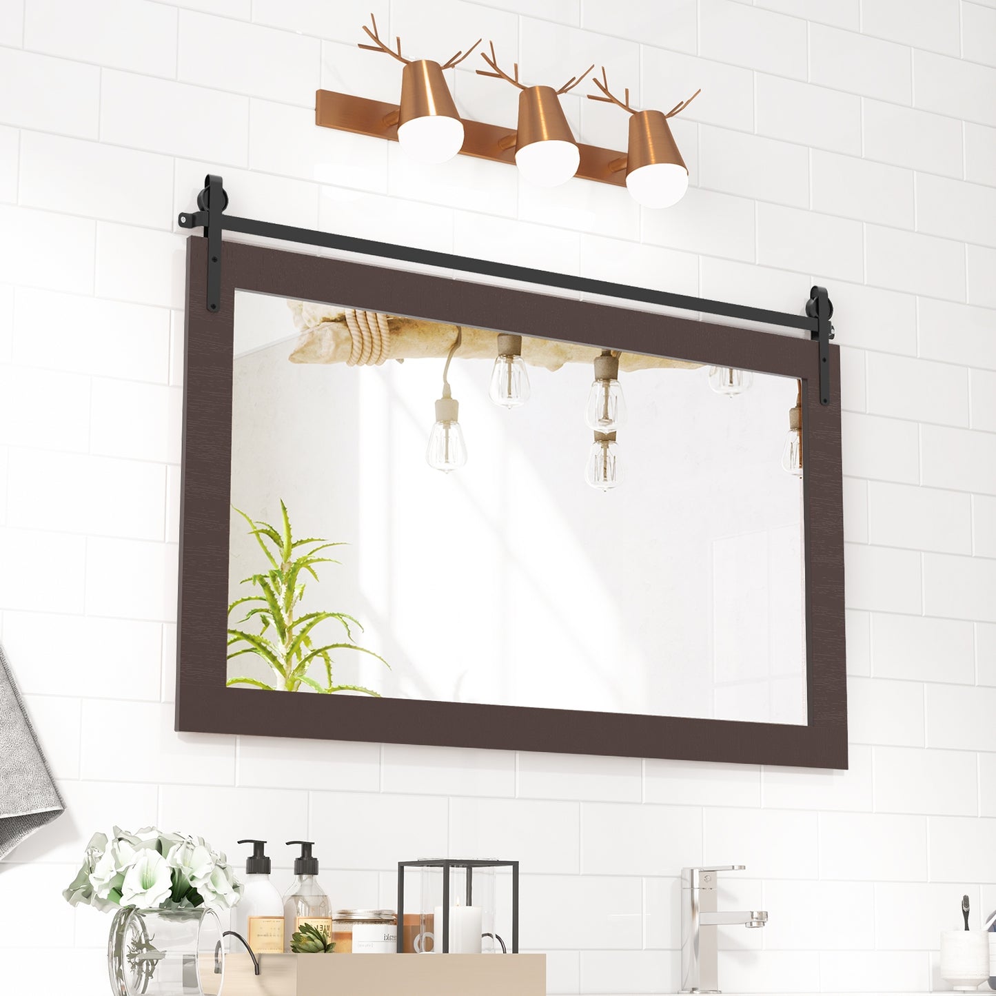 Rectangle Barn Door Style Wall Mounted Mirror with Solid Wood Frame-Walnut Kids Crystal