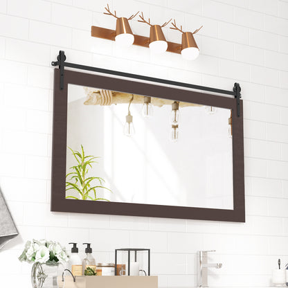 Rectangle Barn Door Style Wall Mounted Mirror with Solid Wood Frame-Walnut