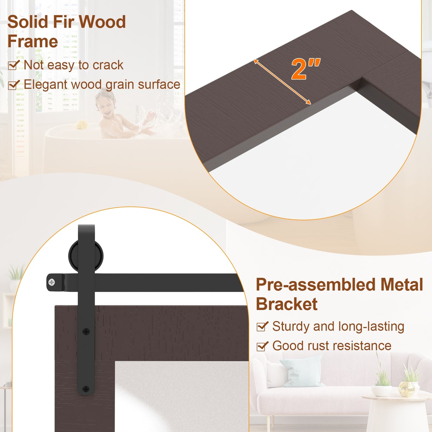 Rectangle Barn Door Style Wall Mounted Mirror with Solid Wood Frame-Walnut Kids Crystal