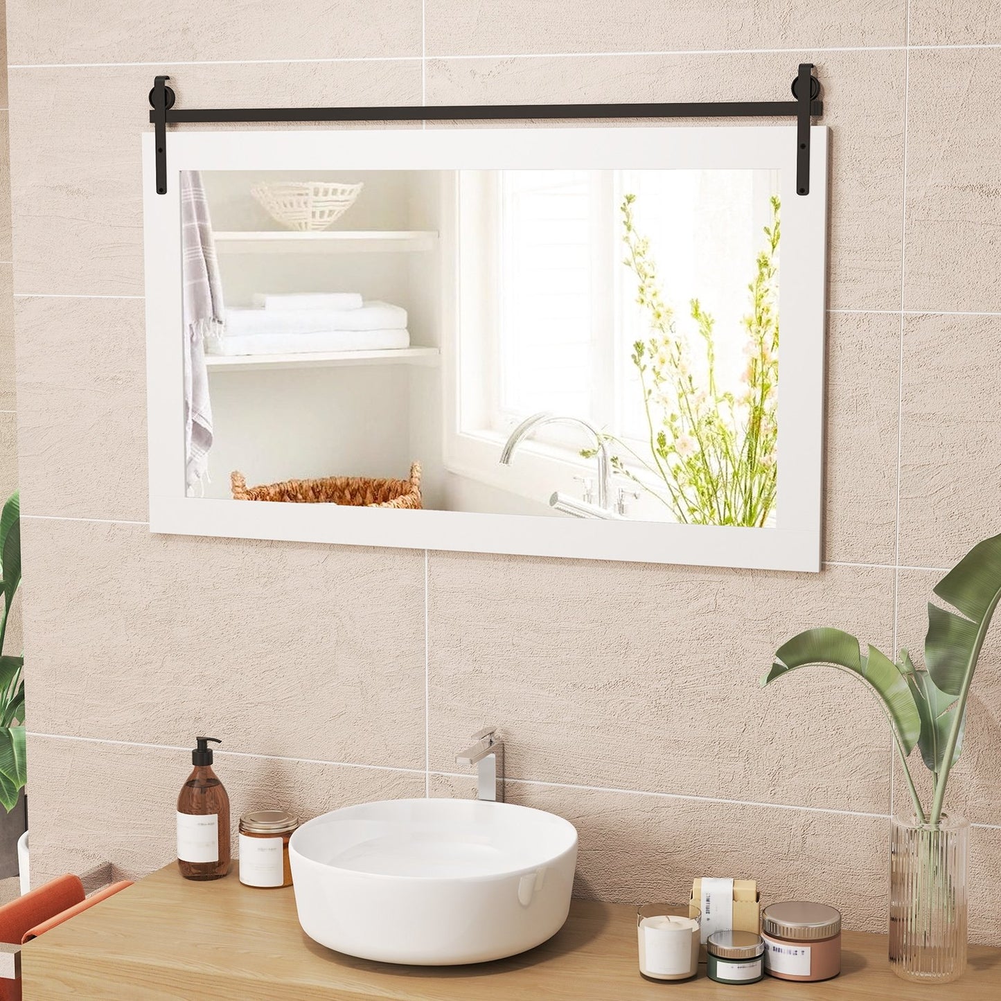 Rectangle Barn Door Style Wall Mounted Mirror with Solid Wood Frame-White Kids Crystal
