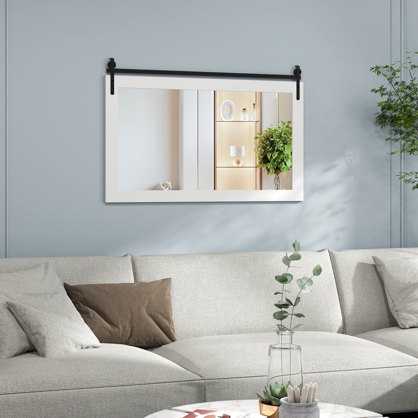 Rectangle Barn Door Style Wall Mounted Mirror with Solid Wood Frame-White Kids Crystal