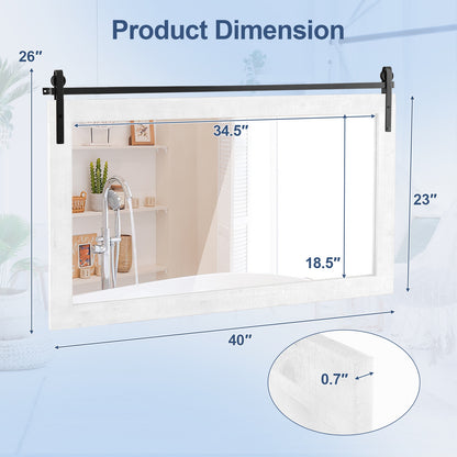 Rectangle Barn Door Style Wall Mounted Mirror with Solid Wood Frame-White