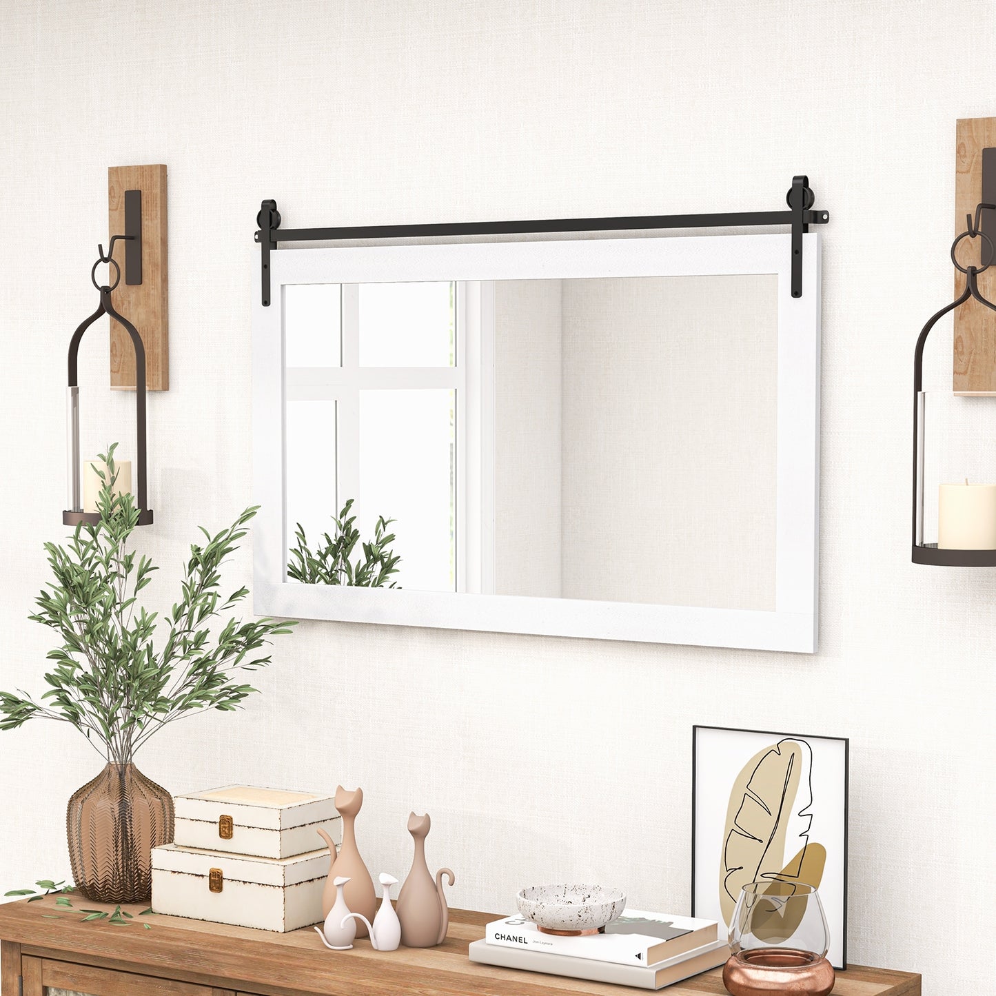 Rectangle Barn Door Style Wall Mounted Mirror with Solid Wood Frame-White Kids Crystal