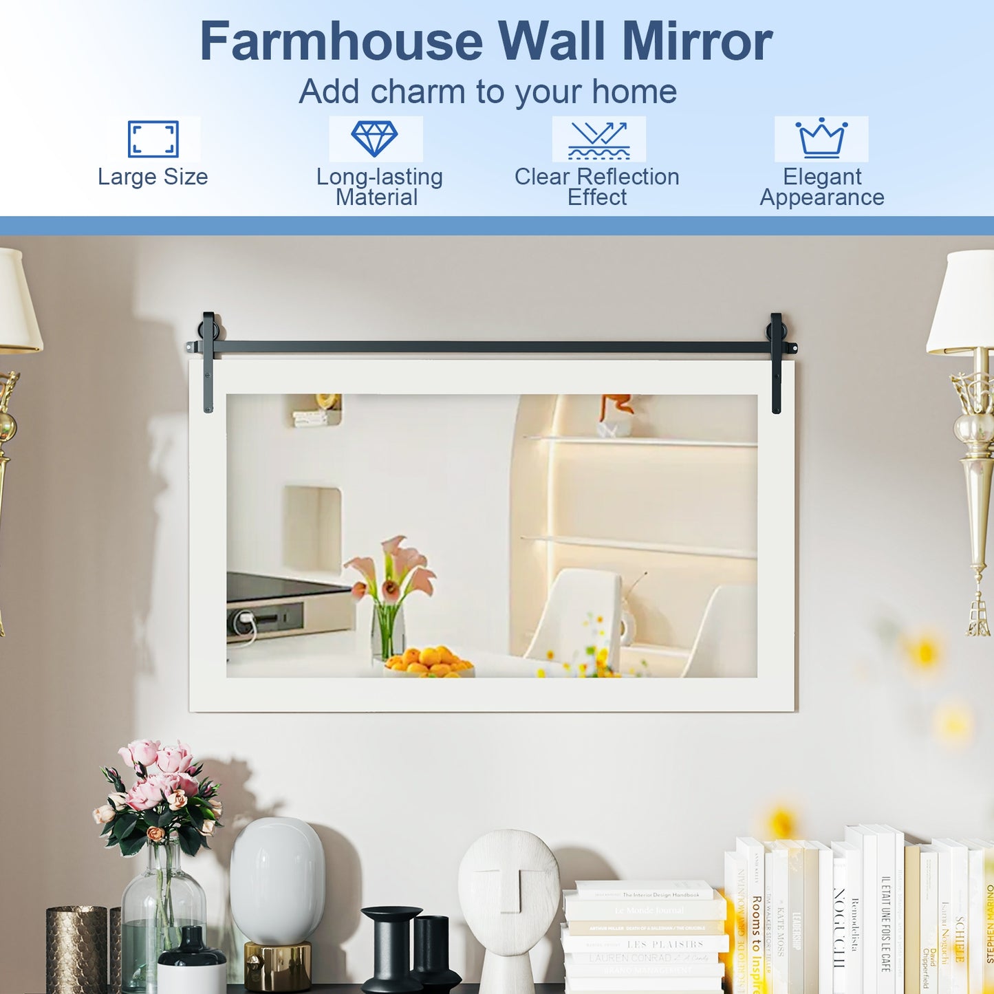 Rectangle Barn Door Style Wall Mounted Mirror with Solid Wood Frame-White Kids Crystal