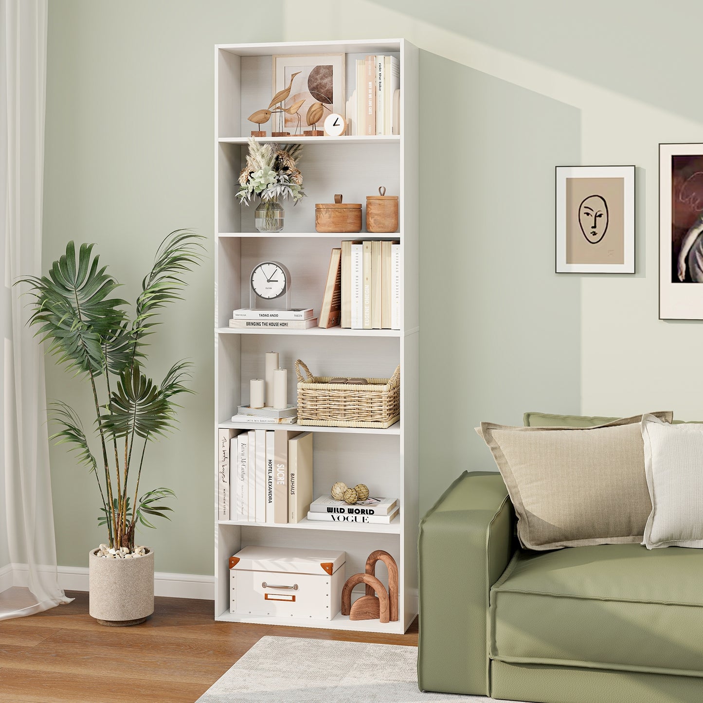 6-Tier Bookcase with 6 Open Shelves and Anti-Toppling Kits-White Kids Crystal